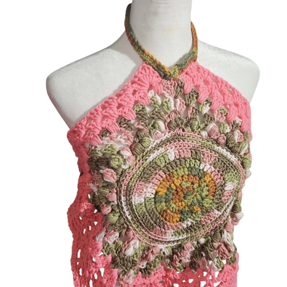 Handmade Crochet Halter Top Boho Camo Pink Green Swim Cover Up Top - Picture 8 of 17